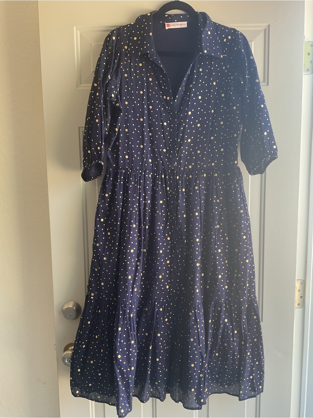 Jude Connally Navy Dress with Gold Dot Print